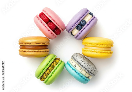 Colorful macarons with different flavors and vibrant colors arranged in a circle