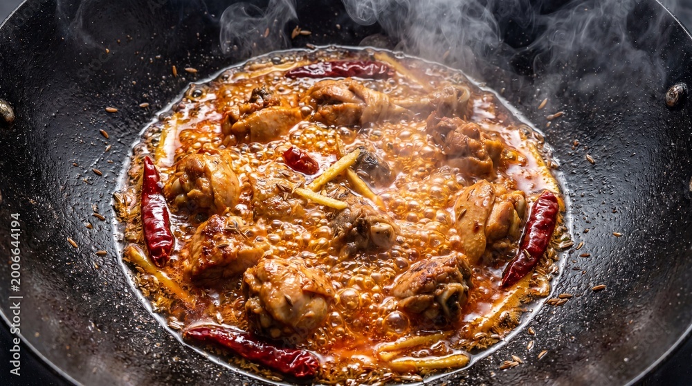 Fototapeta premium Close-up of spicy chicken curry stew bubbling in a hot wok with steam rising, overhead shot