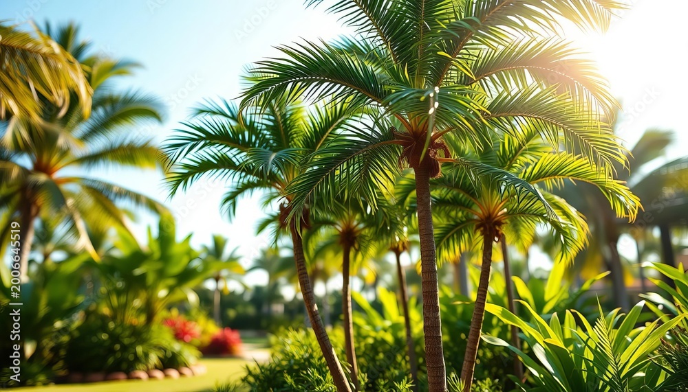 Obraz premium Tiny coconut palm trees sprouting in a sunny tropical garden, photography, ocean