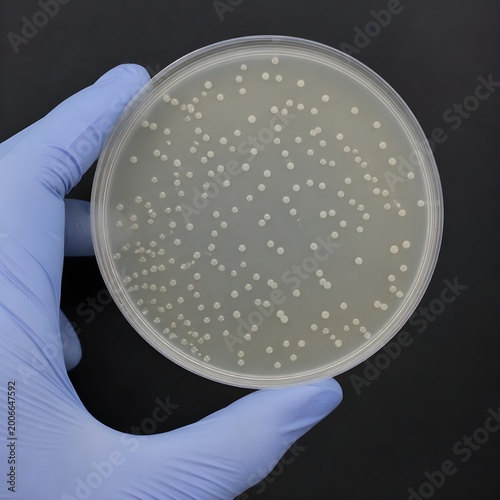 petri dish with Escherichia coli colonies on agar with hand