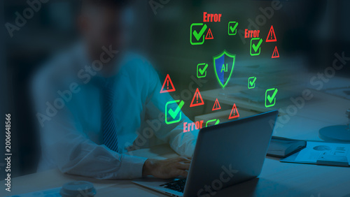 Caution failure system hacked warn alert concept. Businessman use computer laptop, triangle caution warning sign for cyber notification error, trouble maintenance. Available internet cybersecurity .
