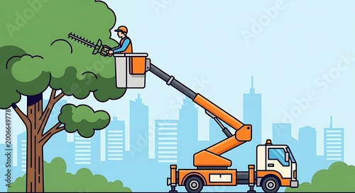 Tree trimming service using a truck with a lift platform.
