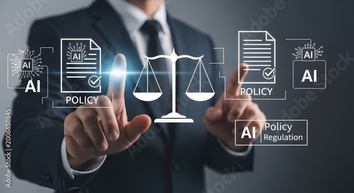 Business law and AI policy concept with businessman touching balance scale, legal compliance and governance
