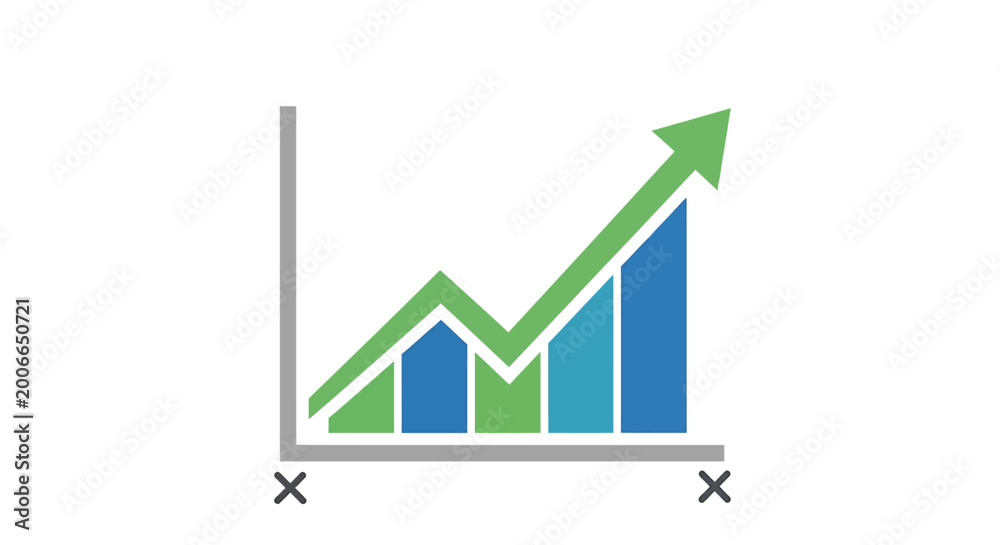 Obraz premium Growth Bar Chart with Upward Green Arrow and Blue Bars, Isolated on White Background, Flat Design