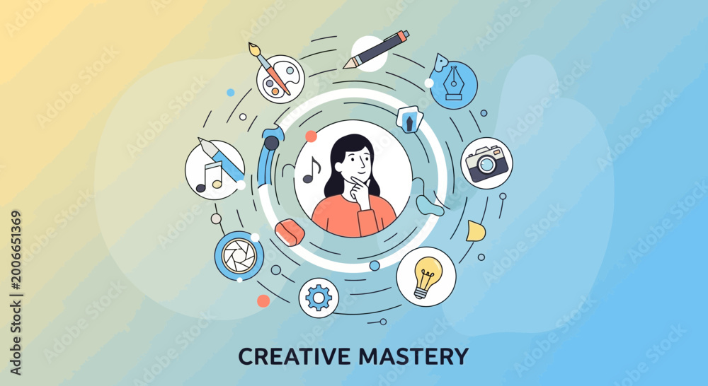 Obraz premium Creative concept depicting artist surrounded by tools and design elements