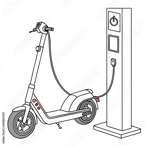 Electric kick scooter connected to charging port modern urban transport urban mobility personal transport electric vehicle plugged in energy source two wheels charging