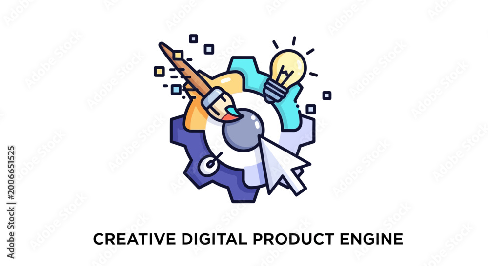 Fototapeta premium Creative concept illustration of a gear paintbrush cursor and lightbulb
