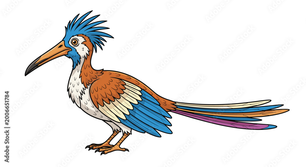 Fototapeta premium Vibrant illustration of an exotic bird with a long beak, blue crest, and multi colored tail feathers against a white background for nature art.