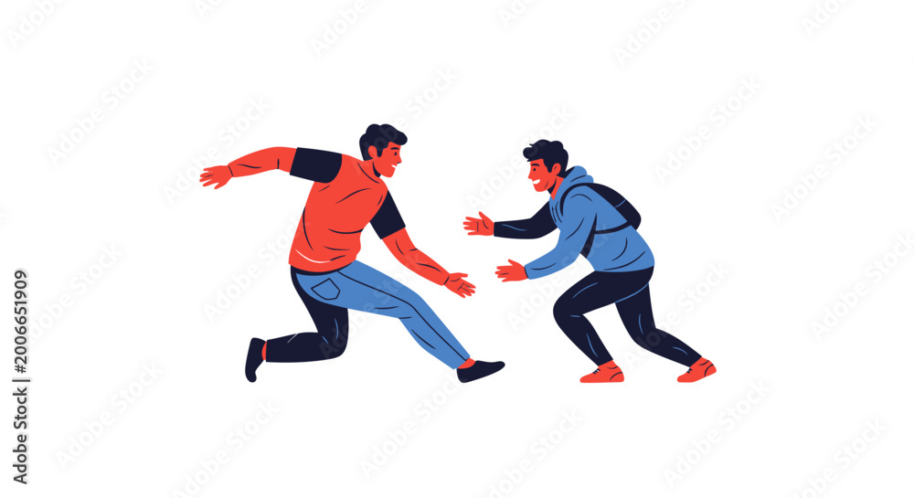 Obraz premium Two Dynamic Men Running and Reaching Out, Concept of Teamwork or Assistance on Isolated White Background