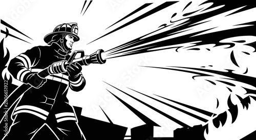 Fényképezés Firefighter Battling Blaze with Water Hose in Dynamic Black and White Vector Ill