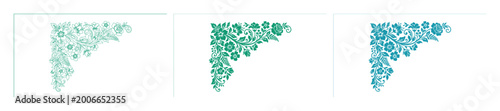 Floral corner border vector set, decorative teal flower frame ornaments, elegant botanical page dividers for wedding invitations and stationery isolated on White Background