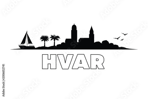 Quadro su tela Minimalist Hvar island skyline silhouette, modern urban landscape design in clean black outline, simple vector illustration style, contemporary metropolitan theme