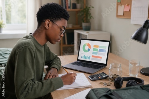 teenage boy plans a personal budget at his desk using a laptop, notebook and calculator, showing financial education, money management and responsible teen habits