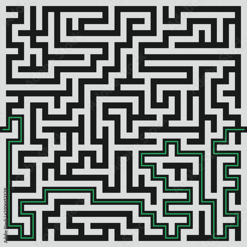Abstract maze labyrinth pattern with solution path, black and white geometric puzzle design