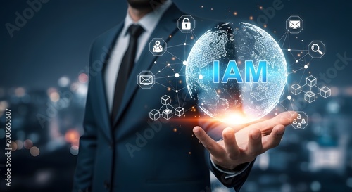 Businessman holding AI and IAM digital icons for identity access management and enterprise security