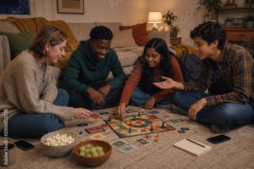 diverse teenagers sit on the living room floor playing a board game with snacks and phones set aside, showing offline connection, social skills, friendship and teen leisure