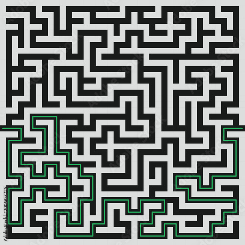 Abstract maze labyrinth pattern with solution path, black and white geometric puzzle design