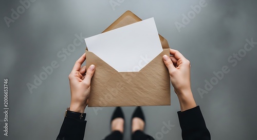 op down view of woman hands opening a brown envelope with a blank white letter