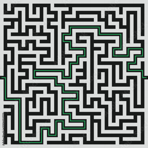 Abstract maze labyrinth pattern with solution path, black and white geometric puzzle design