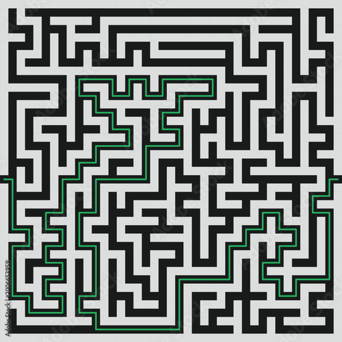 Abstract maze labyrinth pattern with solution path, black and white geometric puzzle design