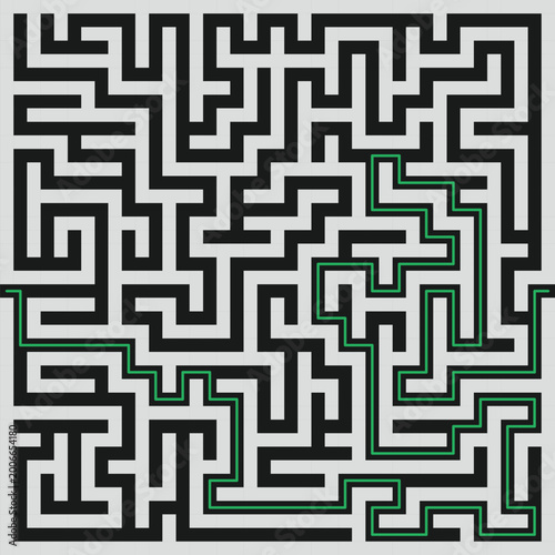 Abstract maze labyrinth pattern with solution path, black and white geometric puzzle design