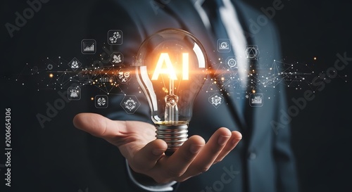 AI innovation and business growth concept with glowing light bulb in businessman hand, digital transformation technology background