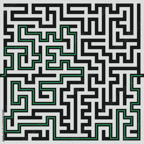 Abstract maze labyrinth pattern with solution path, black and white geometric puzzle design