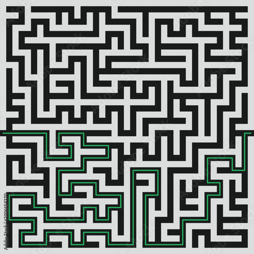 Abstract maze labyrinth pattern with solution path, black and white geometric puzzle design