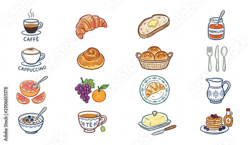 Foto La dolce vita breakfast doodle set coffee croissant food icons chalk style vecto