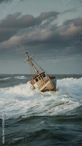 A small white and brown fishing boat struggling to stay afloat in turbulent ocean waters under a stormy sky