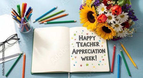 teacher appreciation week card with colorful pencils and sunflowers on desk