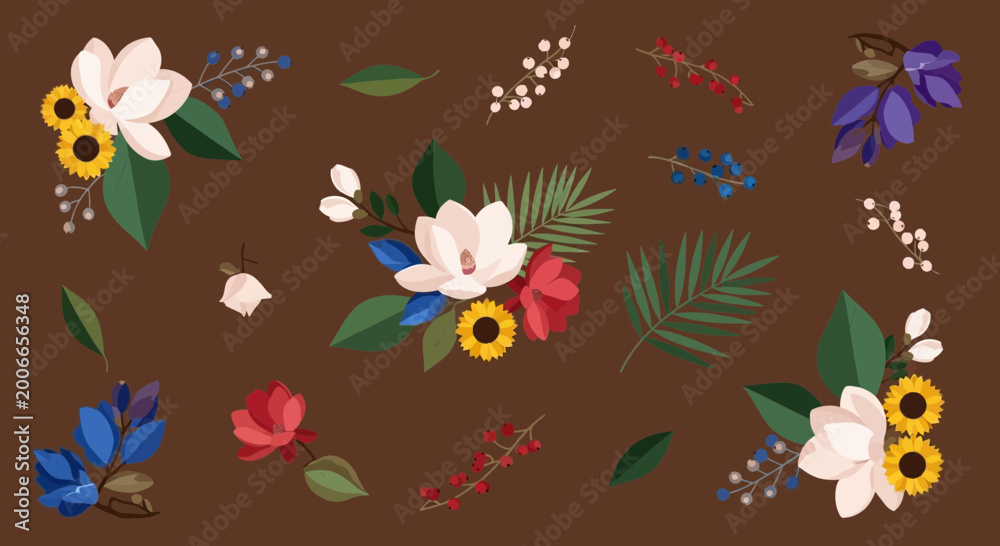 Fototapeta premium Floral illustrations on brown background perfect for design elements