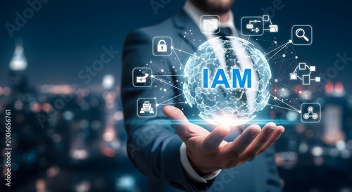 Businessman holding AI and IAM digital icons for identity access management and enterprise security