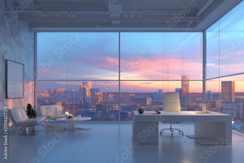 Luxury Penthouse Interior with Panoramic Sunset City Skyline View