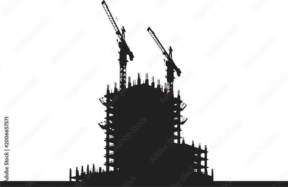Obraz premium Black silhouette of building under construction with two