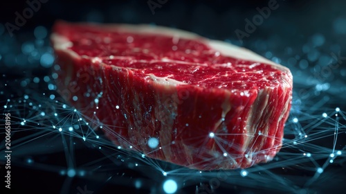 Raw steak sits on a digital network with bright connecting nodes. Perfect for illustrating cellular agriculture or lab-grown meat tech.