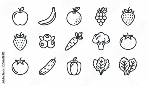 Fruits vegetables berries outline icons editable stroke vector set