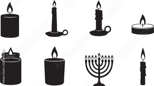 Tableau sur toile Black silhouette collection of various lit candles and a traditional menorah