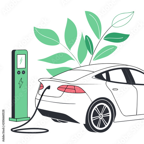 Electric car charging at an eco-friendly charging station with plants ev charging green energy zero emission renewable energy line art white background tail light