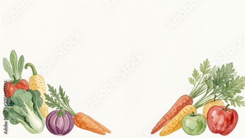 Watercolor vegetable corner border with carrots, tomatoes, onion, corn and leafy greens, leaving clean copy space for healthy food designs.
