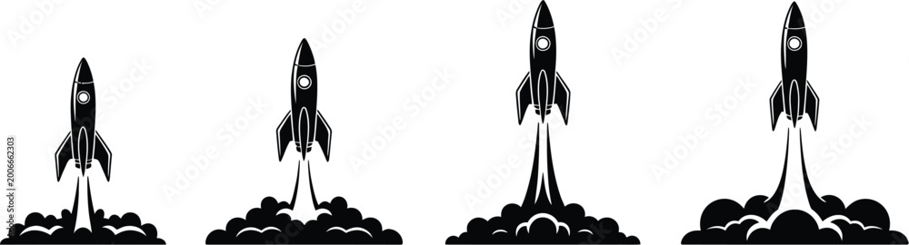Fototapeta premium Space travel rocket launch illustrations and spaceship vector graphics for exploration science education and design project concepts