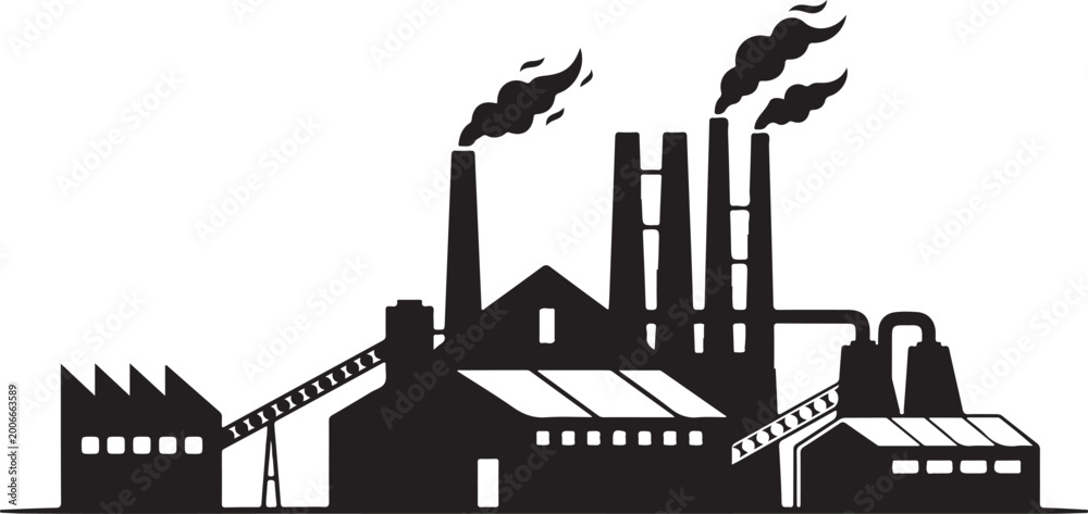 Obraz premium Industrial factory complex with smokestacks and conveyor belt