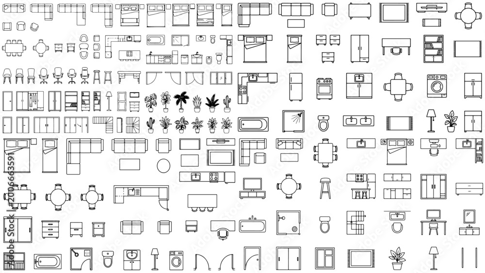 Naklejka premium Modern home interior architecture layout showing bedroom, bathroom, and living room furniture in top view floor plan blueprint drafting outline design.