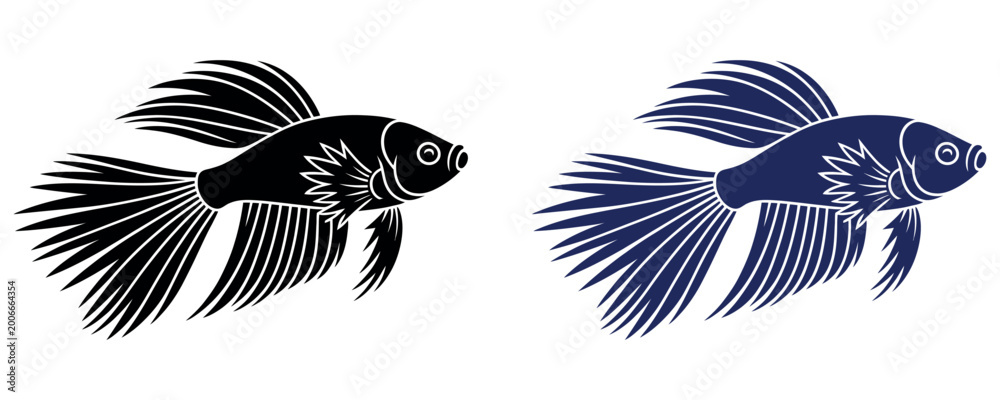 Fototapeta premium Two Siamese fighting fish, betta splendens, depicted in silhouette and outline on a white background.