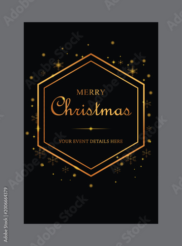 Elegant Black & Gold Merry Christmas Invitation Card with Hexagon Frame and Glitter Snowflakes