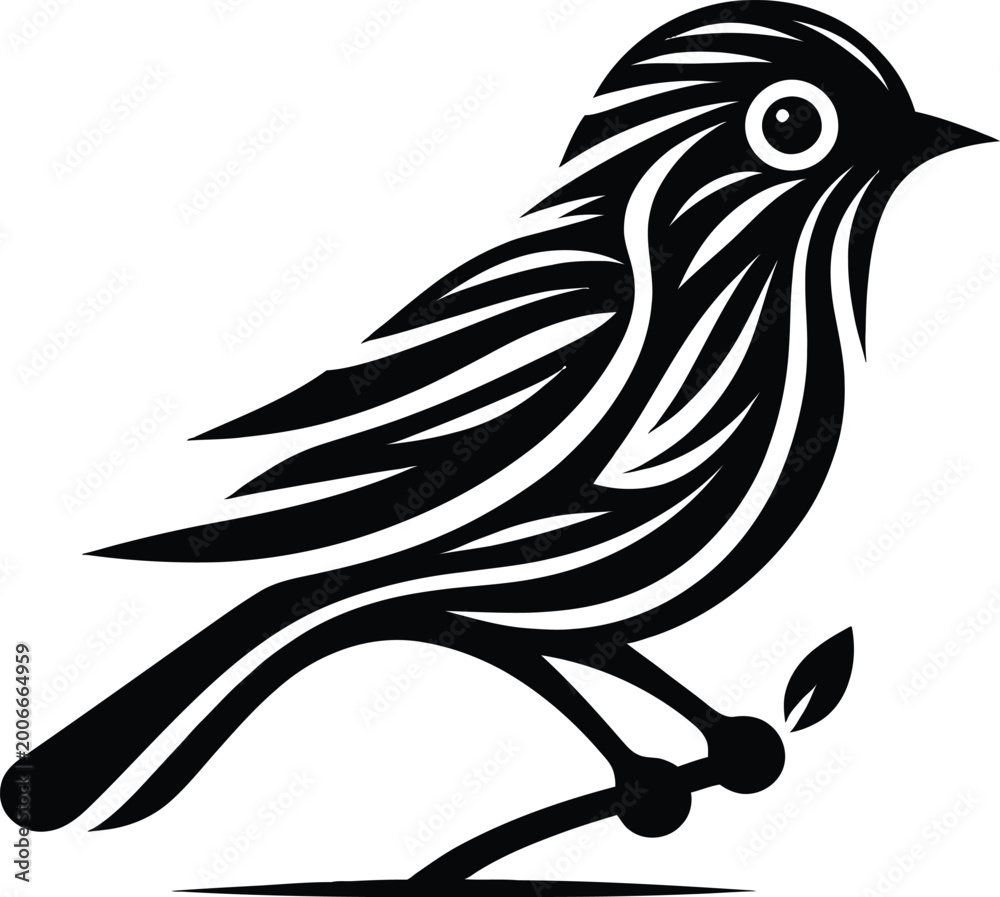 Fototapeta premium Stylized Black and White Bird Perched on Branch.