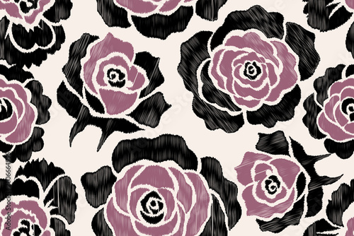 Seamless Ikat Rose Floral Pattern, Pink and Black Hand-Drawn Flowers with Scribble Embroidery Texture for Textile Design, Wallpaper, and Fashion Fabric Printing, Artistic Boho Roses Background.
