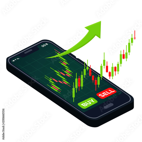 Mobile Trading Buy Concept with Rising Chart and Green Up Arrow on Smartphone