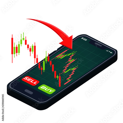 Mobile Trading Sell Concept with Falling Chart and Red Down Arrow on Smartphone