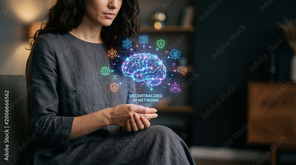Fototapeta premium Federated learning network ai woman seated digital brain concept